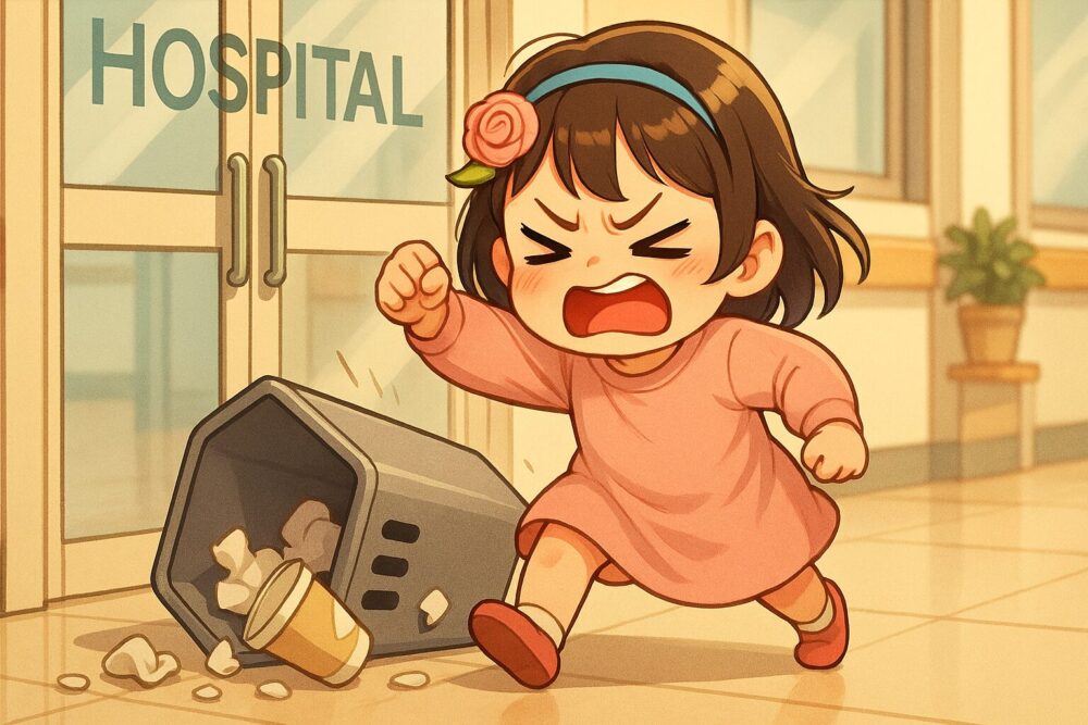 病棟の自動ドアの前で泣きながら怒る3歳の女の子。退院前の不安とストレスが爆発してしまった場面のイラスト。