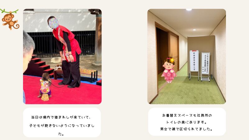 湊川神社の境内で行われていた猿まわしと、社務所のお着替えスペースの案内が掲示された案内板