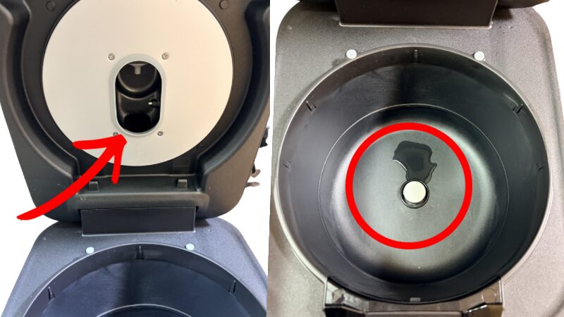 日立RZ-V100JMの蒸気口と内釜底に落ちた水滴