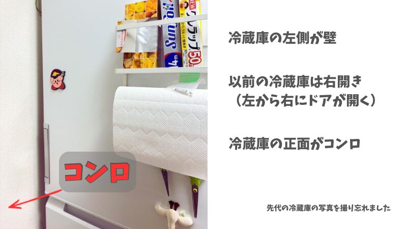 賃貸キッチンで冷蔵庫の左側が壁、正面がコンロになる配置の例。右開き冷蔵庫でドアが開けにくかった状況