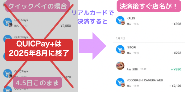 Kyashの決済通知の比較画像。左は終了したQUICPay+の通知で店舗名が出るまで4〜5日かかっていた。右は現在の通知で決済後すぐに店舗名が表示される