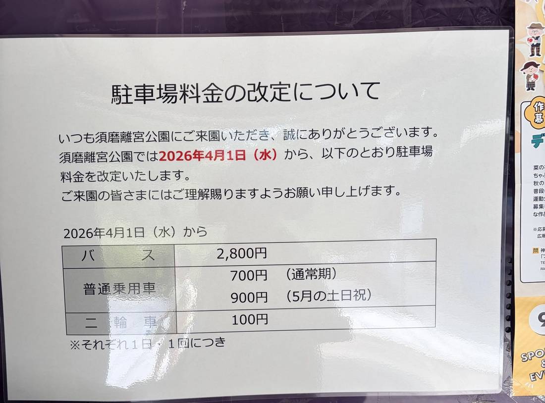 須磨離宮公園駐車場の料金改定を知らせる掲示